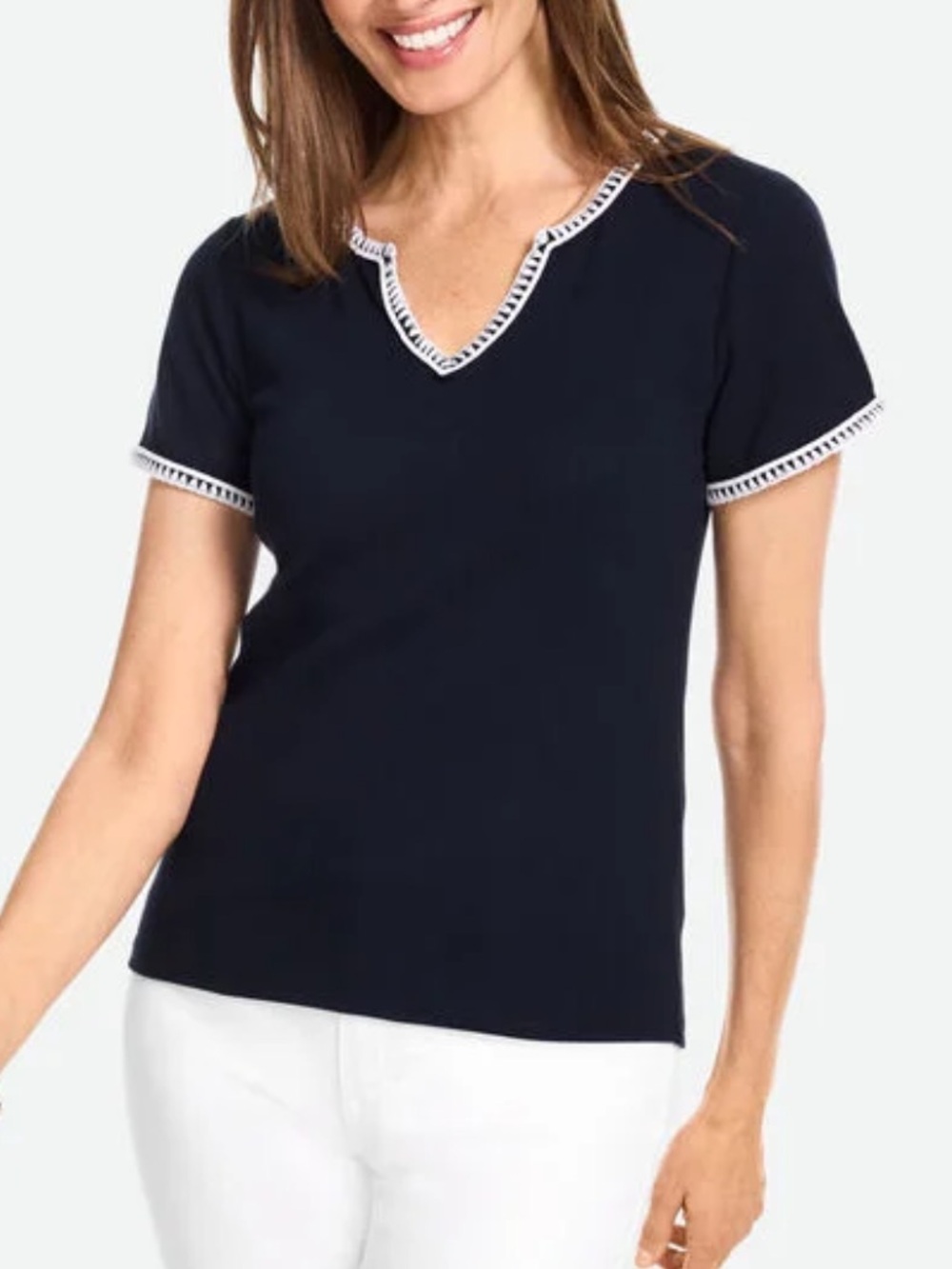 Talbots Navy Blue & White Whipstitch Short Sleeve Top